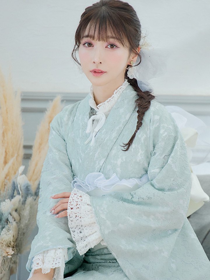 即日発送】ダスティーミントのレース浴衣【浴衣3点セット 浴衣/帯