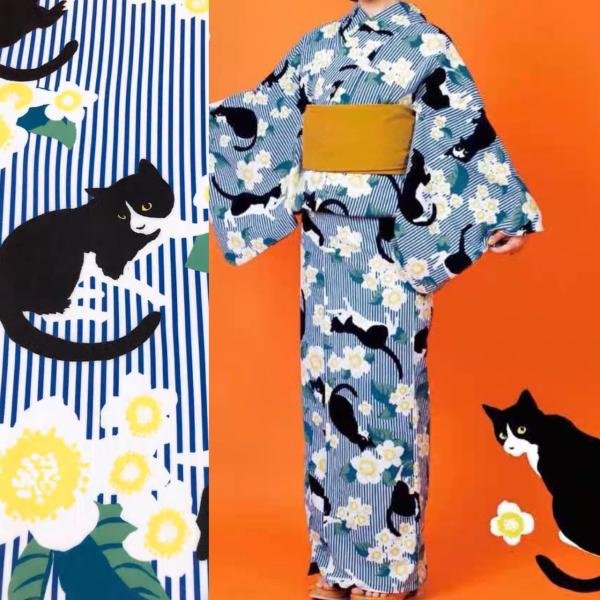 ネコ柄 浴衣 猫 レディース 猫柄 三毛猫 セット 大きサイズ レトロ