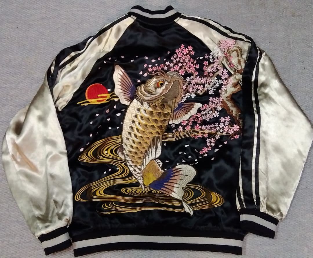 SATORI さとり桜跳ね鯉柄リバーシブルスカジャン レーヨン製sizeXL さとり satori 和柄 スカジャン メンズ リバーシブル 桜に跳ね鯉 総